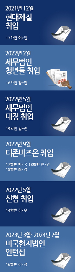 2019년도 11월 화일약품 취업 (14학번 소*욱) / 2019학년도 한국화학융합시험 연구원(KTR) 취업 (15학번 박*서) / 2019년 재경관리사 73회차 4명 합격! / 경축! 종근당 합격 (11학번 방*진) / 2021년 12월 현대제철 취업 17학번 이*빈